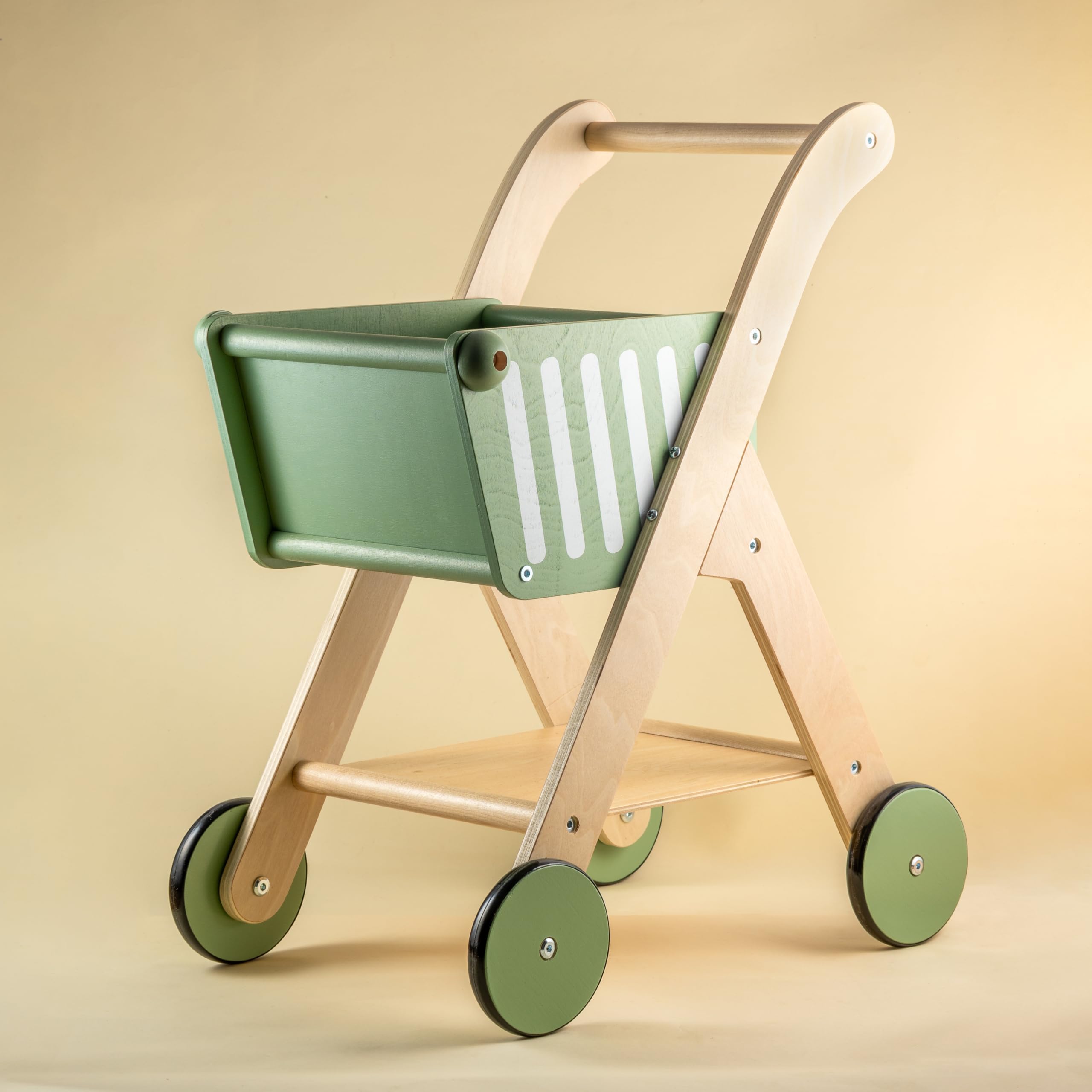 Playbox Shop 'N' Roll - Educational Wooden Toy Role Play Grocery Store Shopping Trolley | Boys Or Girls Pretend Play Supermarket Playset in Green Color
