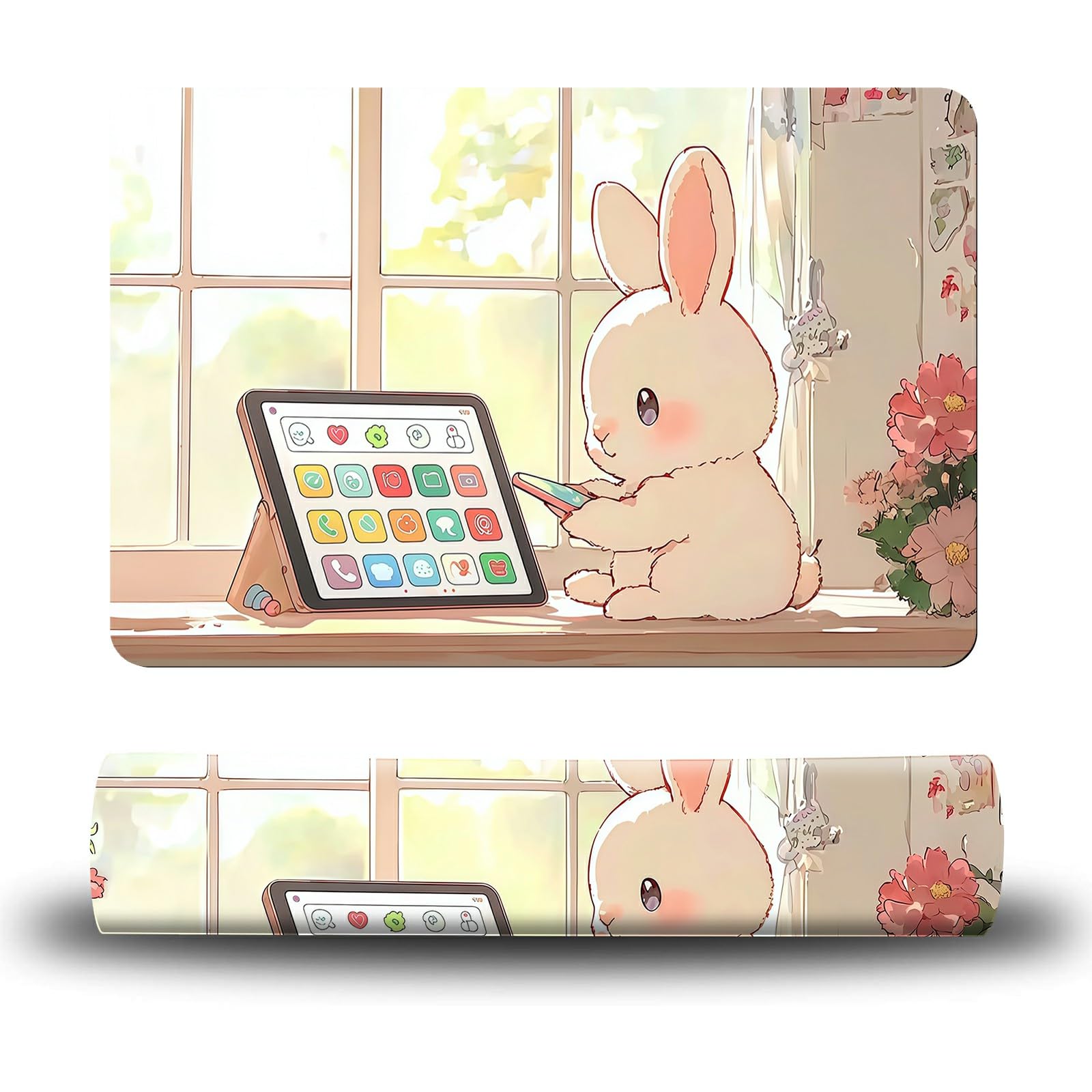 Dikoer Dog Food Mat, 15.7" x 23.6" Absorbent Pet Feeding Mat for Food and Water, Waterproof Diatom Mud Pet Placemat with Non-Slip Rubber Backing, Cat Bowl Mat for Floors - Pink Flower Bunny