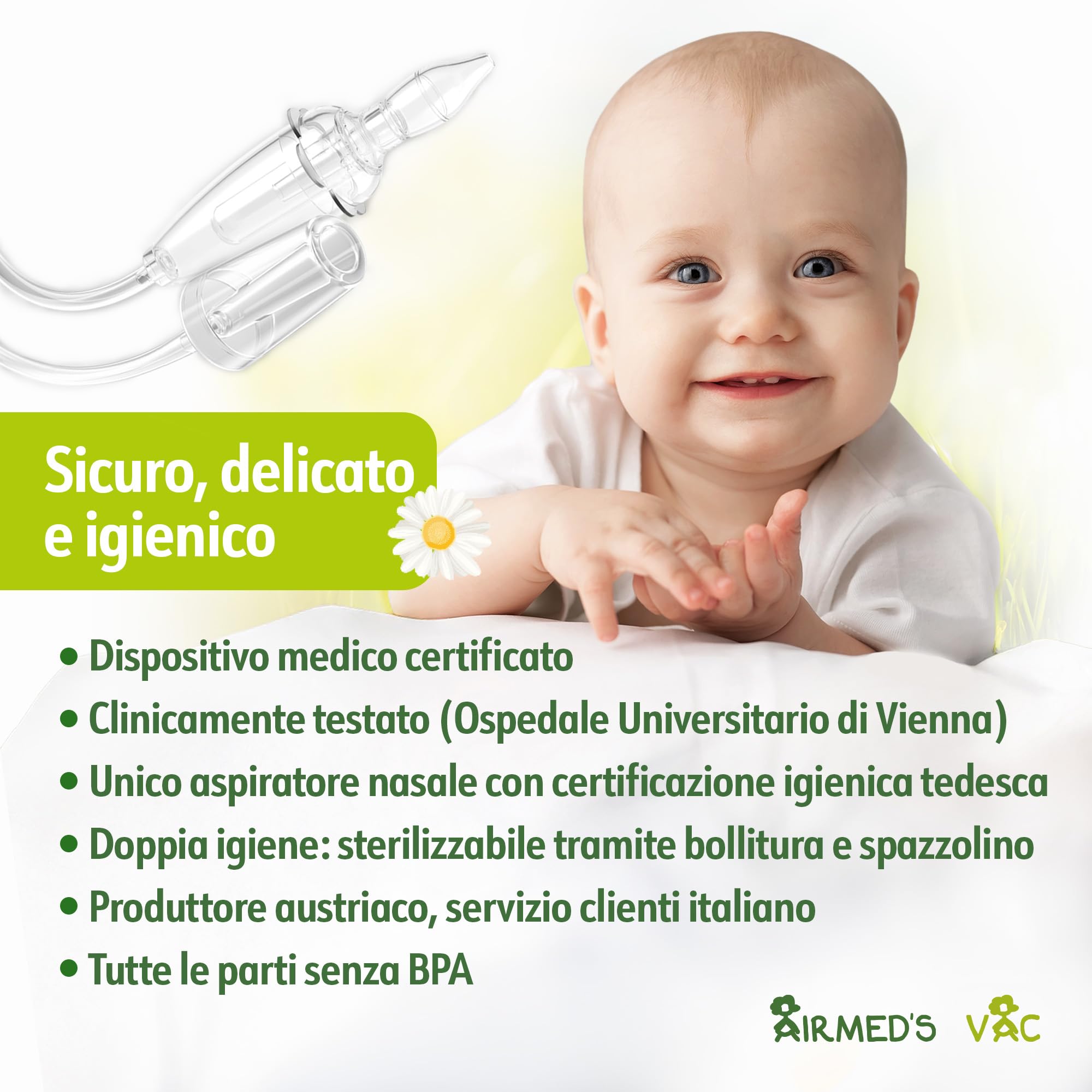 Airmed's Vac Aspiratore nasale neonato. Clinicamente testato e sicuro | Naso libero in 3 secondi. Con 2 testine di aspirazione e spazzolina per la pulizia. Compatibile con tutti gli aspiratori