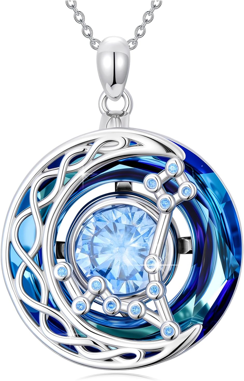 Pisces Zodiac Necklace 925 Sterling Silver Celtic Moon Pendant with Blue Crystal, Astrology Jewelry for Women, Birthday/Christmas Gift Idea, Adjustable 18"+2"