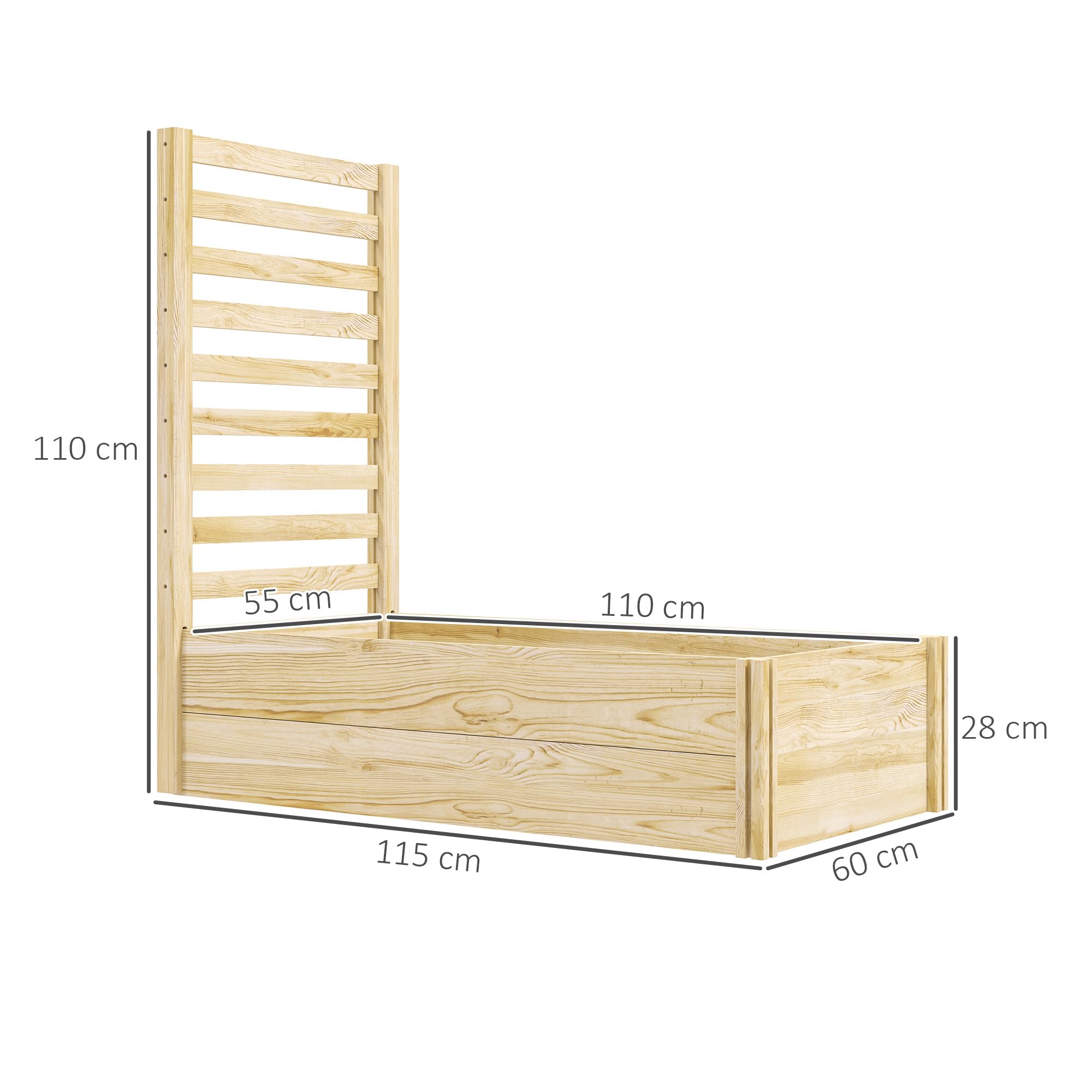 Outsunny Letto per Orto Rialzato da Esterno con Spalliera e Fondo Aperto, Fioriera con Traliccio per Piante Rampicanti in Legno di Abete, per Piante, Fiori, 115x60x110 cm, Color Legno