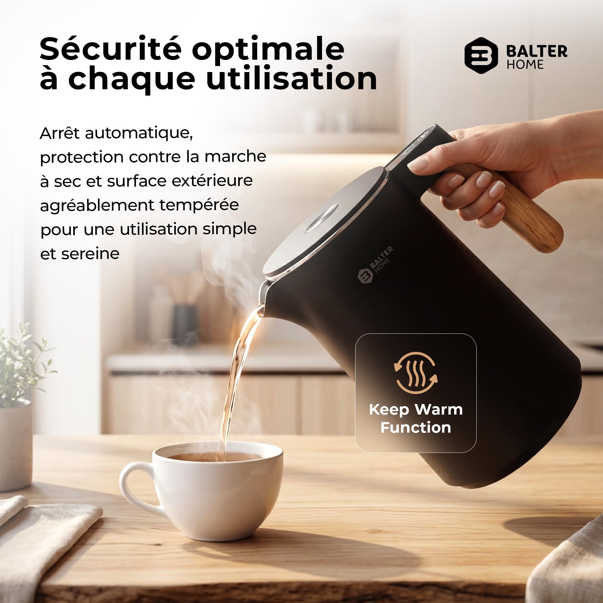 BALTER Bouilloire électrique inox 1,5 L température réglable 45-100°C double paroi sans BPA