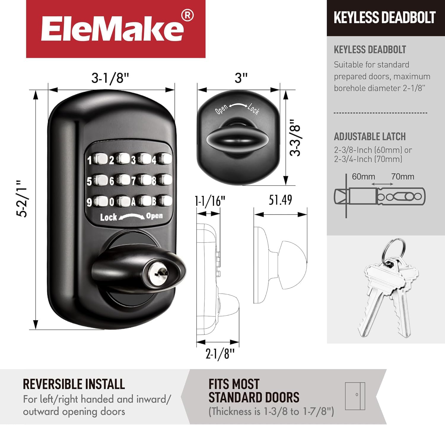 Bravex Cerradura de puerta de entrada sin llave, cerradura de aleación de zinc, cerradura de sábado 100% mecánica, sin riesgo de baja potencia, color negro