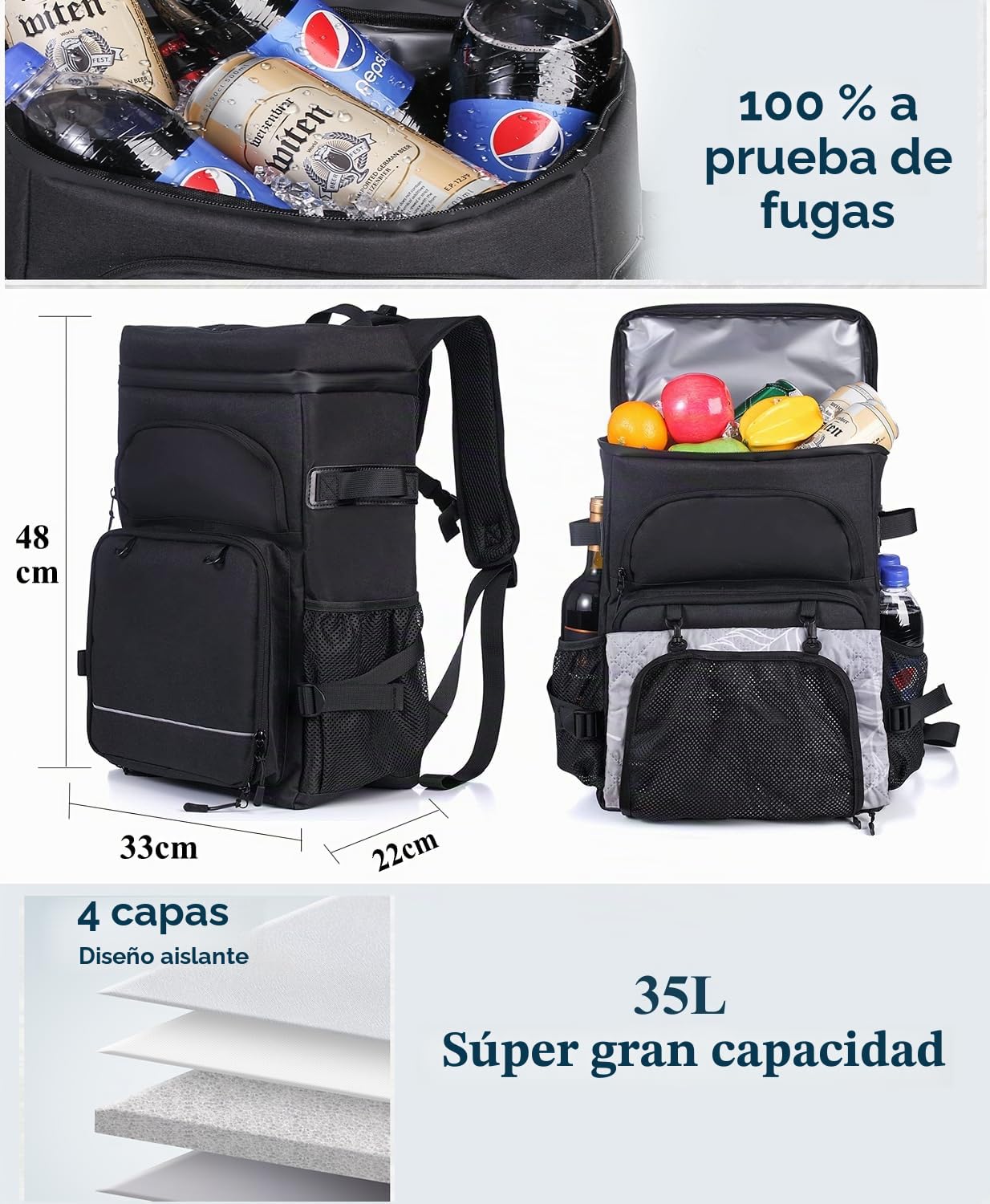 DEWUR Mochila de refrigeración térmica de 35 l, Bolsa de refrigeración, Mochila de Picnic Impermeable con abridor de Botellas, para Picnic, Camping, Playa, Senderismo, Viajes, Compras (Negro)