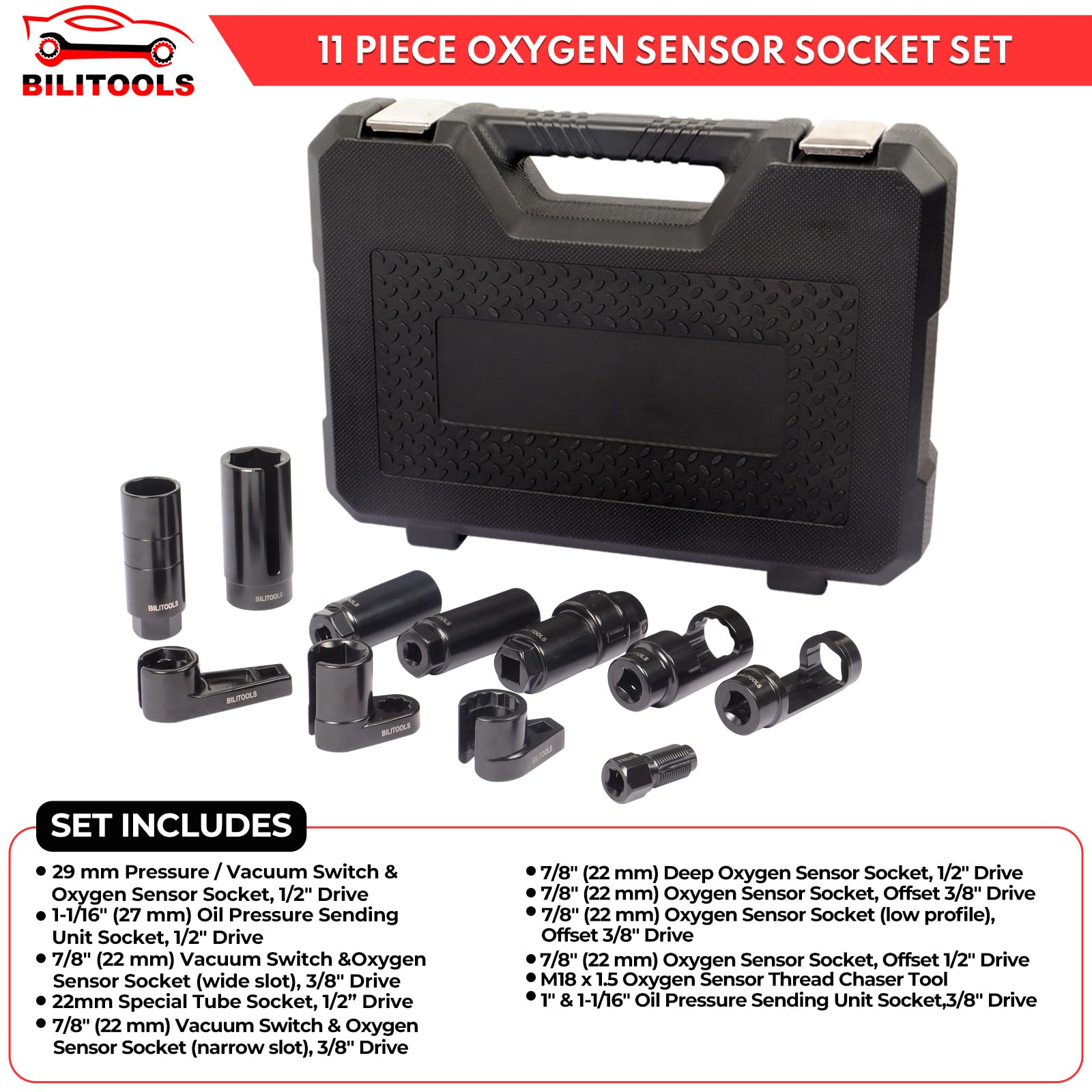 BILITOOLS 11-Piece O2 Oxygen Sensor Socket Set, Offset Oxygen Sensor Wrench Set includes Oil Pressure Switch Socket, Oil Sending Unit Socket