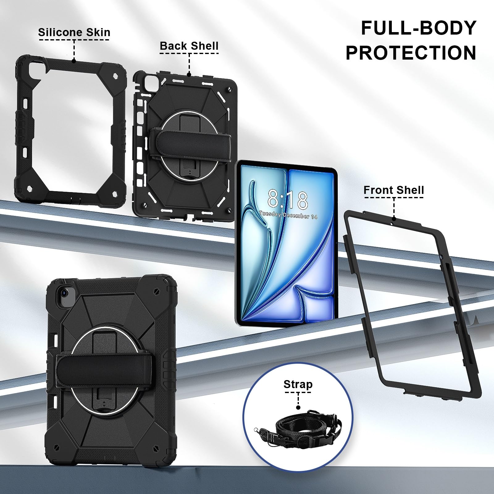 Custodia robusta per iPad Air 13 pollici M2 2024, custodia protettiva resistente con supporto regolabile e tracolla, con cinturino da polso, custodia per tablet adatta ai bambini (nero)