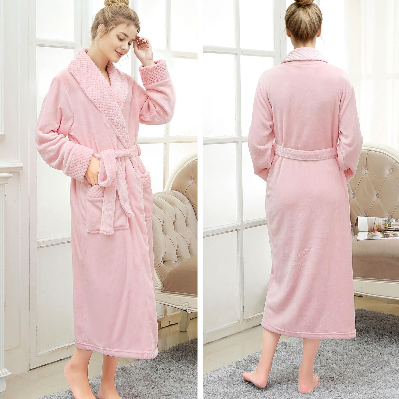 Hellomamma Bademantel Damen Lang Flauschig: Warm Plüsch Morgenmantel aus Mikrofaser Fleece für Frauen für Herbst & Winter