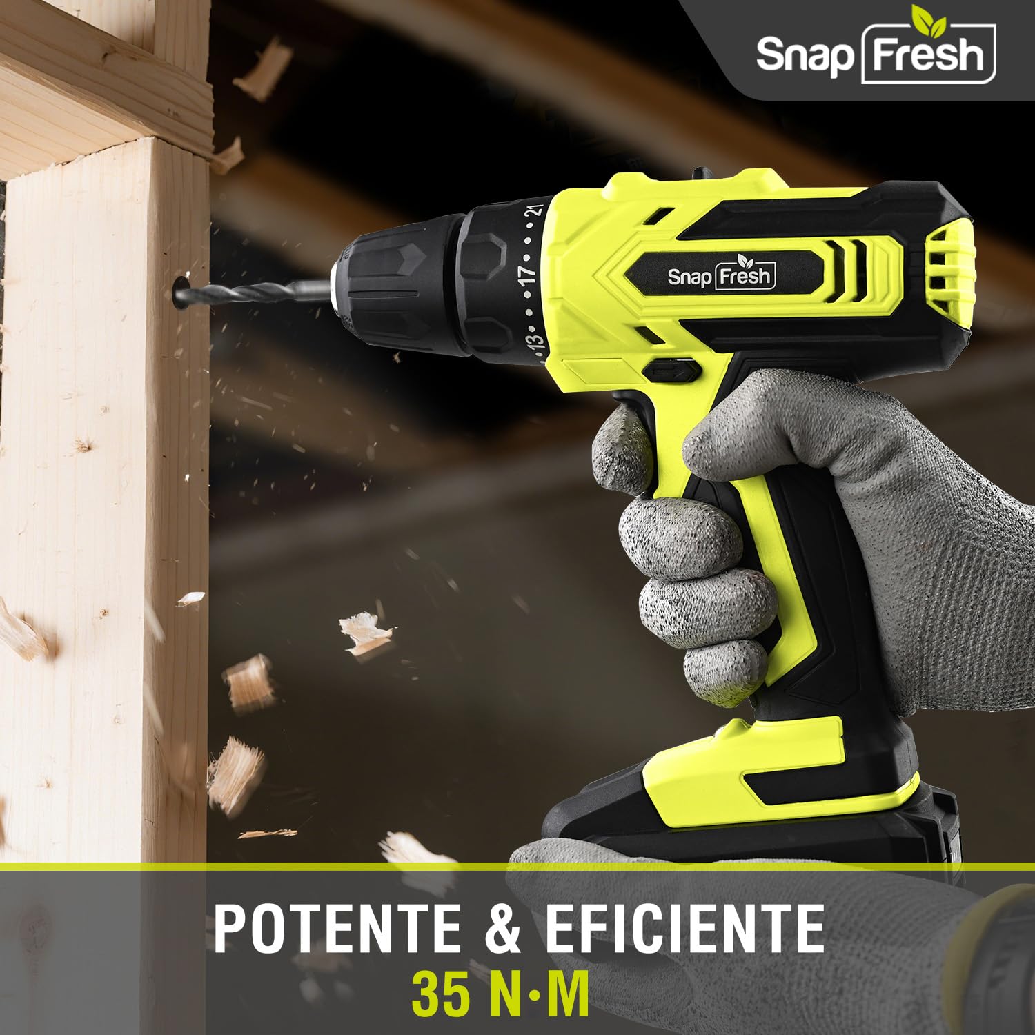 SnapFresh Taladro Atornillador a Batería 20V, 35Nm, 21+1 Par, 2 Velocidades, Taladro Eléctrico sin Cable con LED, 43 Accesorios, Batería 2.0Ah y Cargador Rápido, Ligero para Hogar y Bricolaje