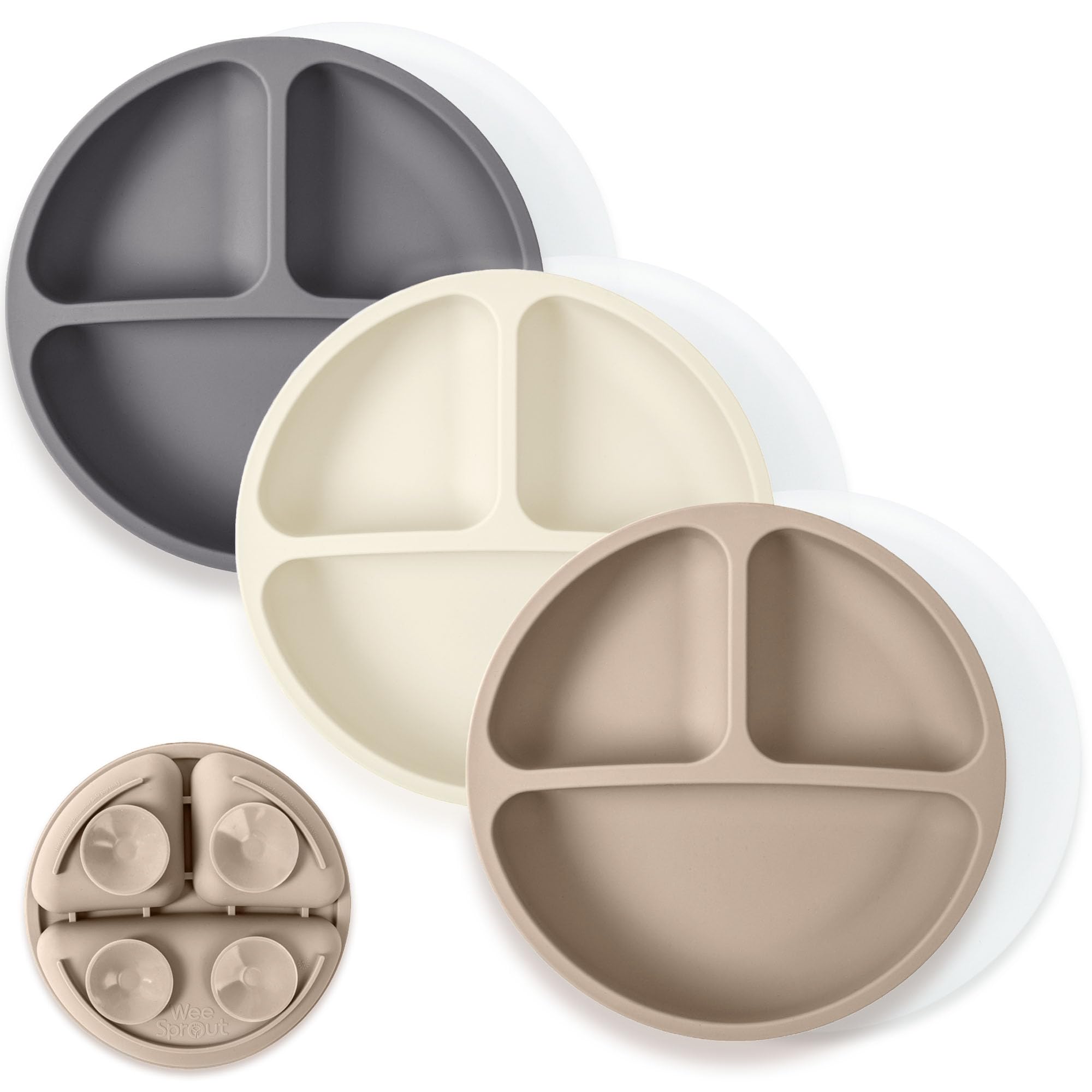 WeeSprout Suction Plates with Lids for Babies &amp; Toddlers - 100% Silicone, Dinnerware Stays Put, Divided Design for Picky Eaters, Microwave &amp; Dishwasher Friendly, 3 Pack