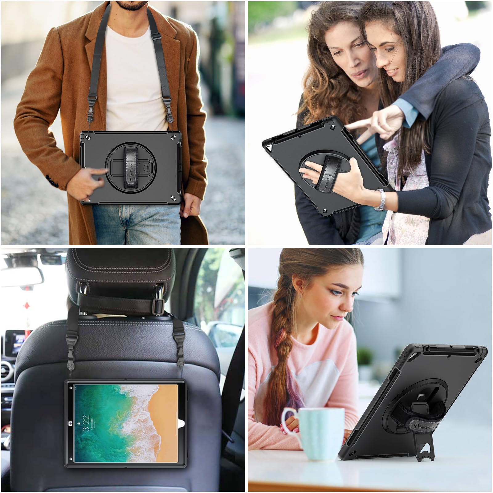 Miesherk Custodia Case per iPad Pro 12.9 2a/1a Generazione 2017/2015: Robusta Protettiva Antiurto Militare per iPad Pro 12.9 Pollici-Portapenne-Supporto Rotante-Tracolla da Mano/Tracolla-Nero