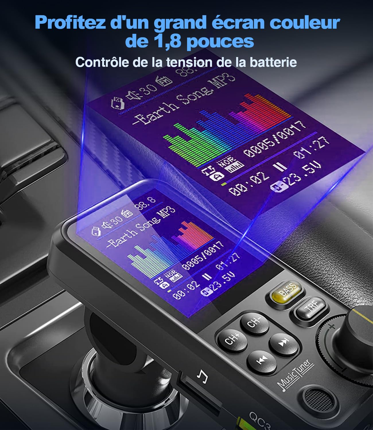Bluetooth Samochodowy nadajnik FM, zapalniczka samochodowa Bluetooth Muzyka radia samochodowego, wsparcie MP3 adapter odtwarzacza, zestaw głośnomówiący, Spotify, USB podróży ładowarka, wyświetlacz HD,