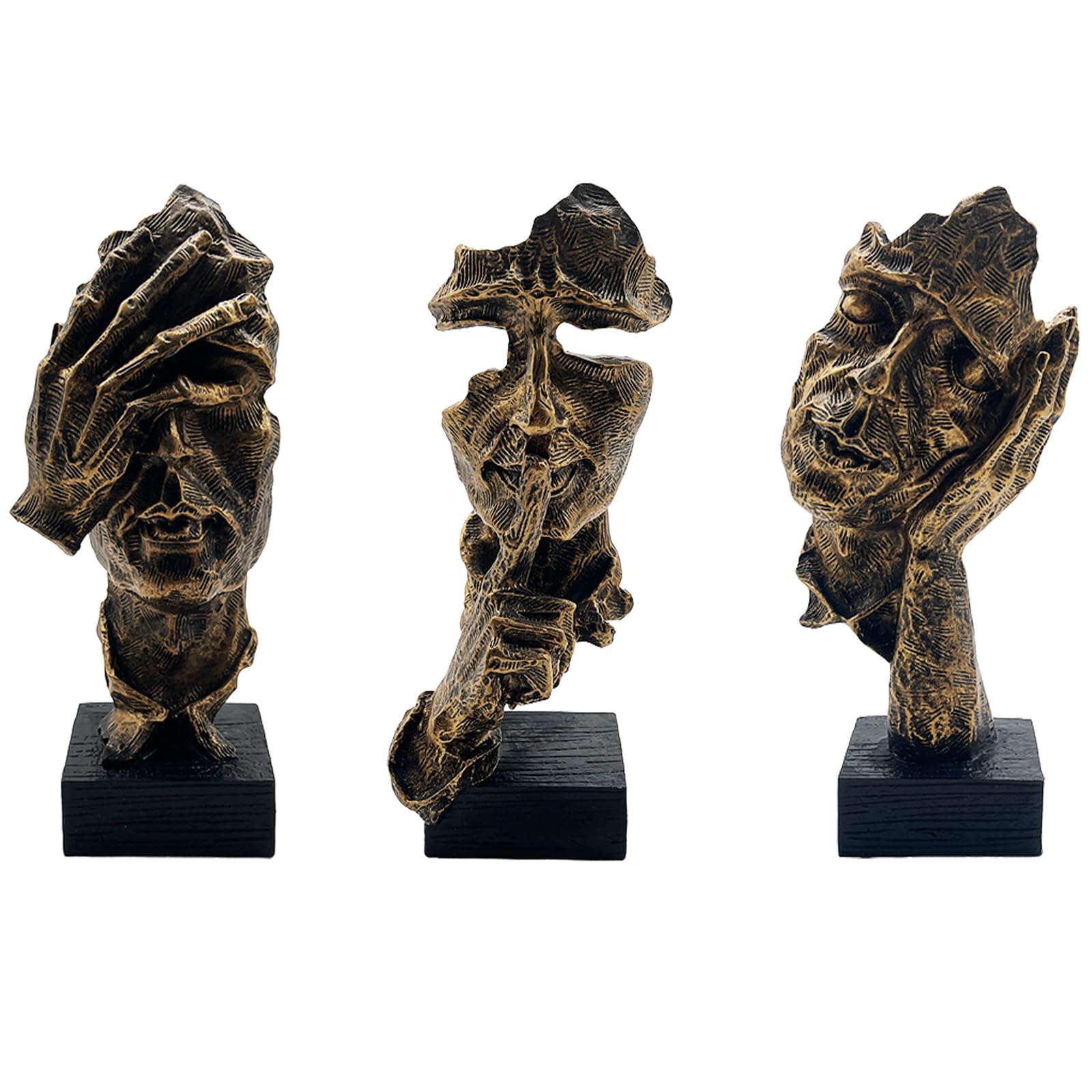 aboxoo Large Size 3 Pcs Thinker Statue, Silence is Gold Abstract Art Figurine, No Hear No See No Speak Modern Resin Sculptures Decor for Living Room Home, Office, Study (Gold)