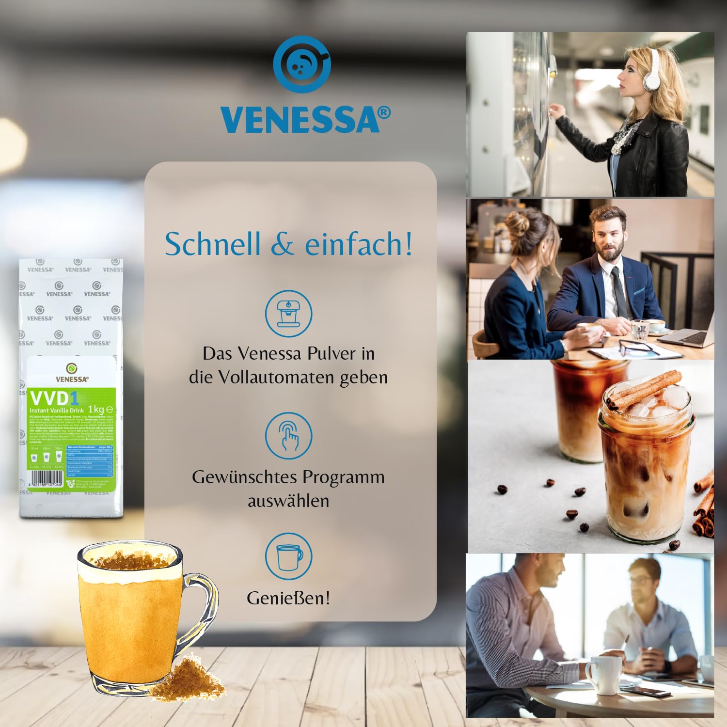 VENESSA Vanilla Drink VVD 1 Lot de 5 x 1 kg – Aromatiquement soluble, lait vanille en poudre avec note de vanille fine pour vos clients – Convient pour toutes les ventes