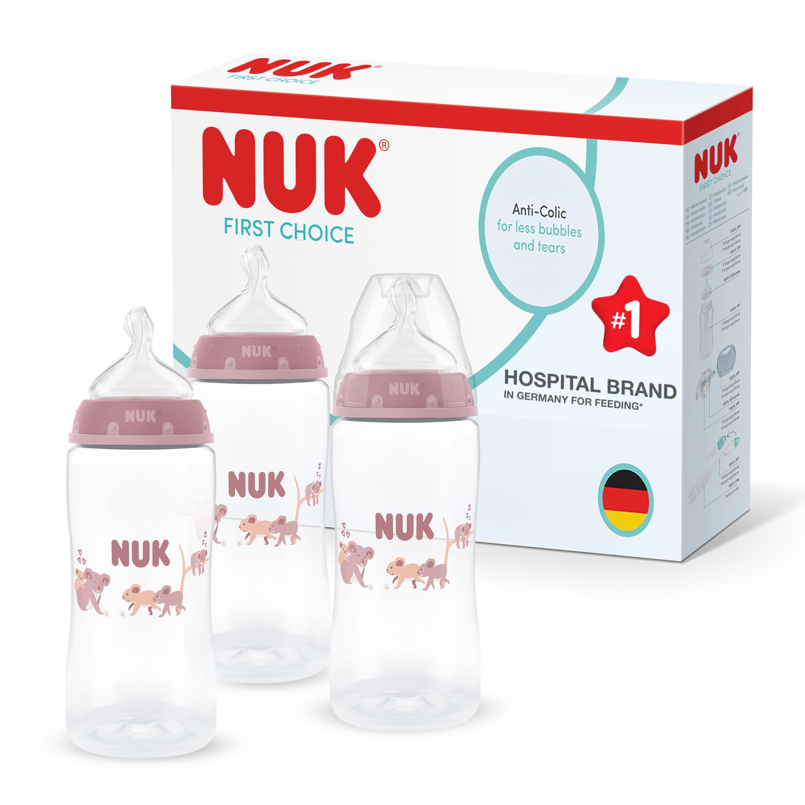 NUK First Choice Baby Bottles | 3+ Months | 300ml | Anti Colic Feeding Bottle | PP | Temperature Control Indicator | Koala | 3 Count