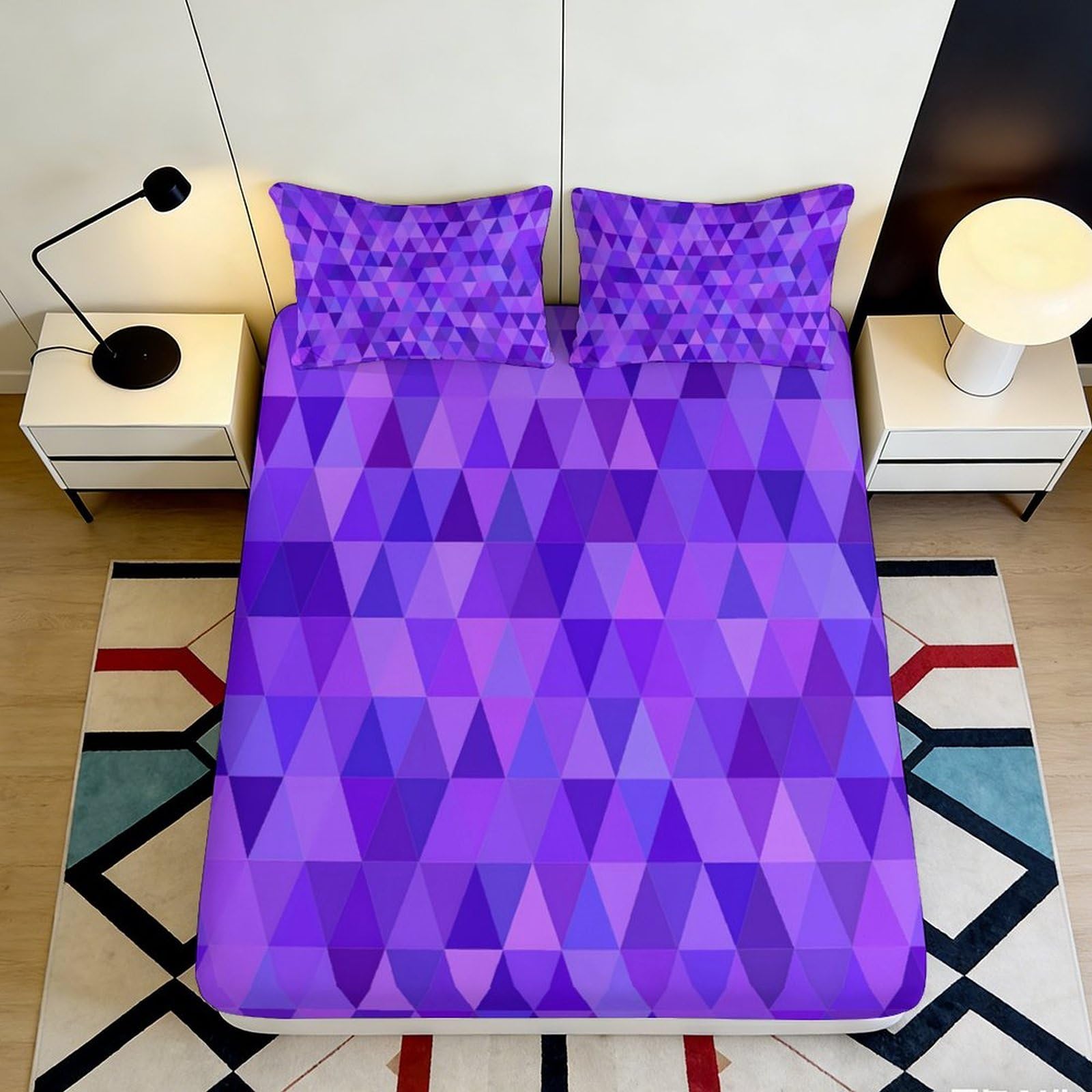 3D Printed Purple Geometric Triangle Fitted Sheet Microfiber Soft Mattress Cover for Bedroom Guest Room Dorm Bed Decor 200x200x25cm