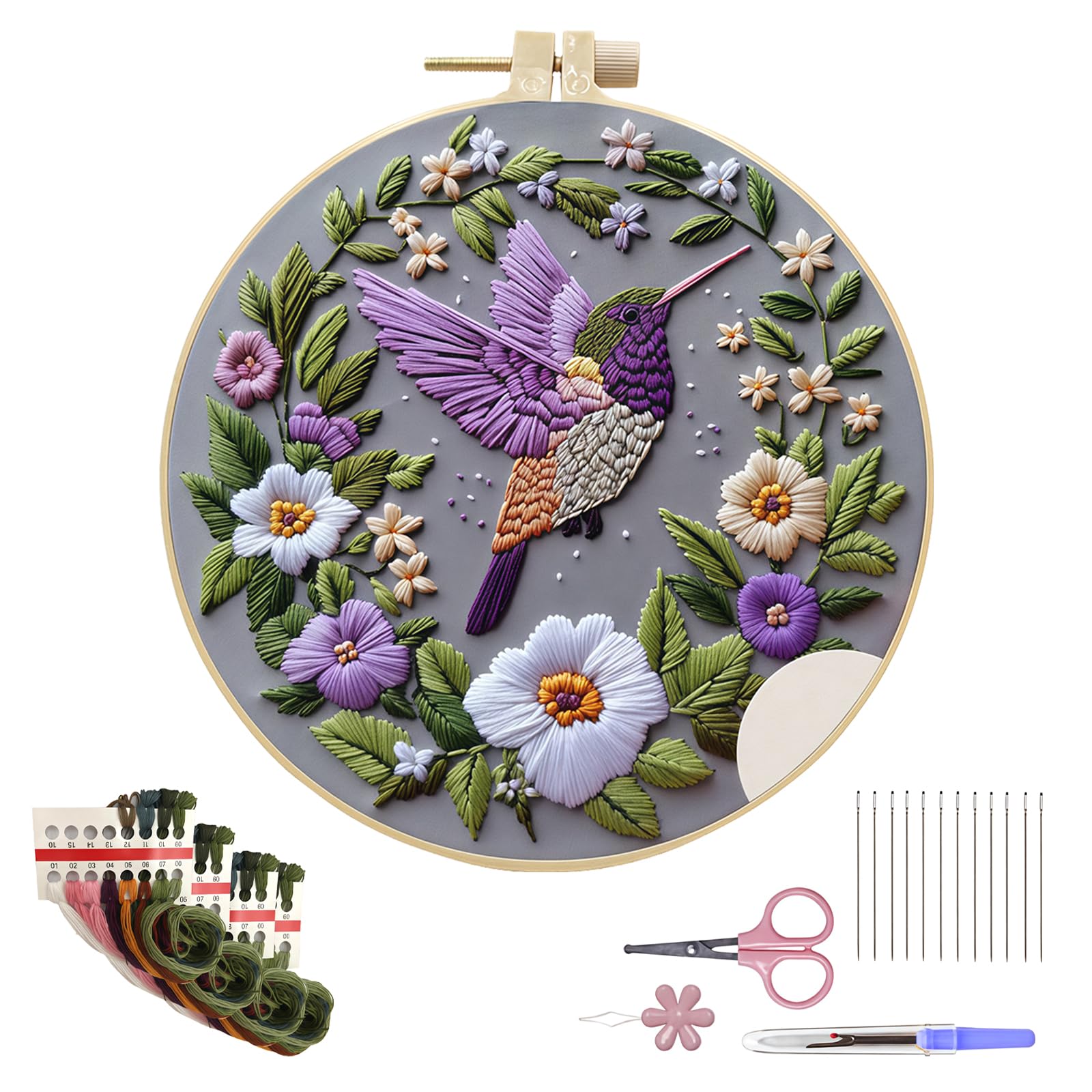 Embroidery Kit for Beginners Adults Complete Floral Bird Embroidery Starter Kit with 15cm Bamboo Hoop Threads Needles & Tools, 25cm Fabric, Pattern, DIY Tapestry Kits, Gifts for Mum Grandma Besties
