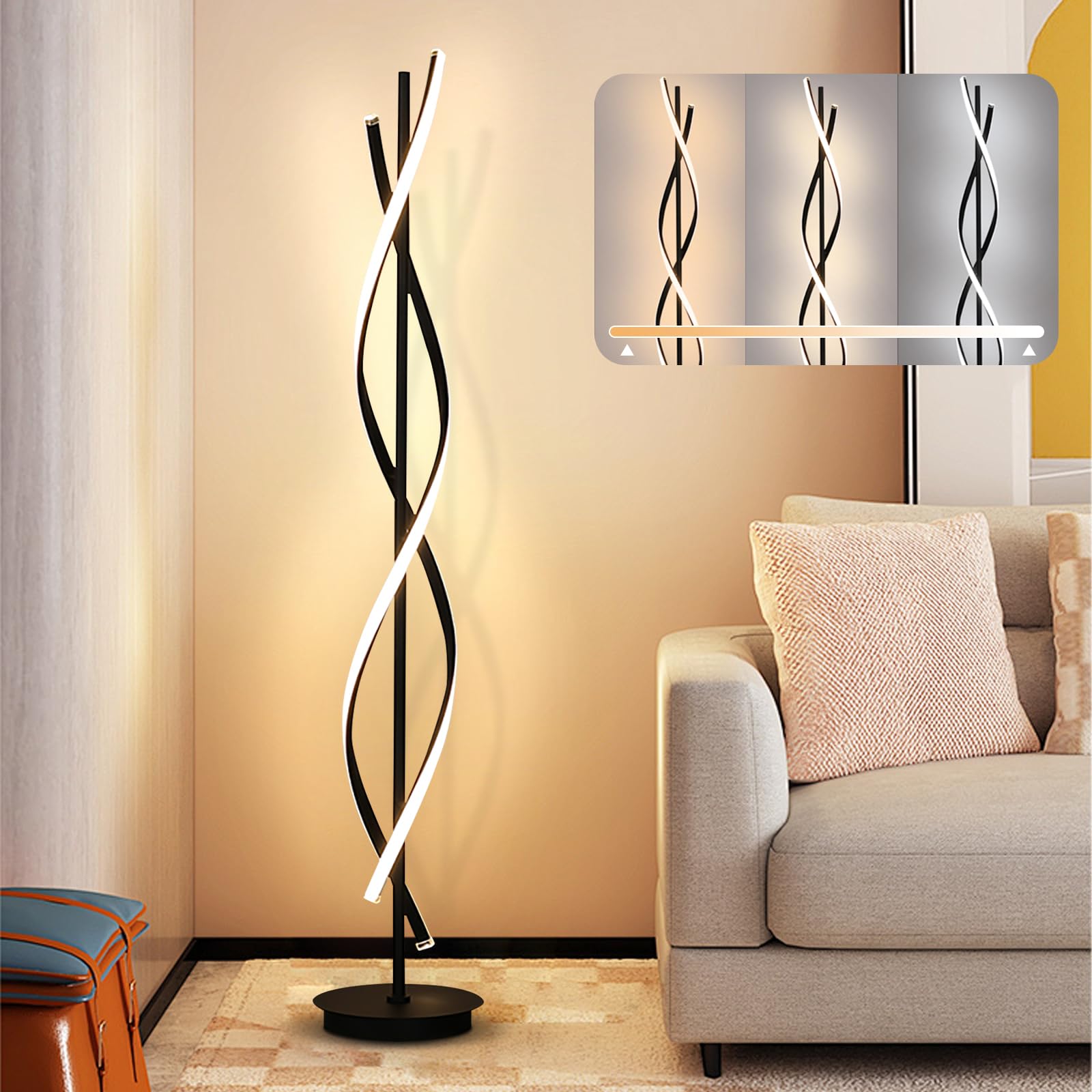 Stehlampe Wohnzimmer Dimmbar, Schwarze Spirale LED Dimmbare Stehlampe für Schlafzimmer, Stehlampe mit Fernbedienung, 155cm 3 Farbtemperaturen 52W Standleuchte (Black)