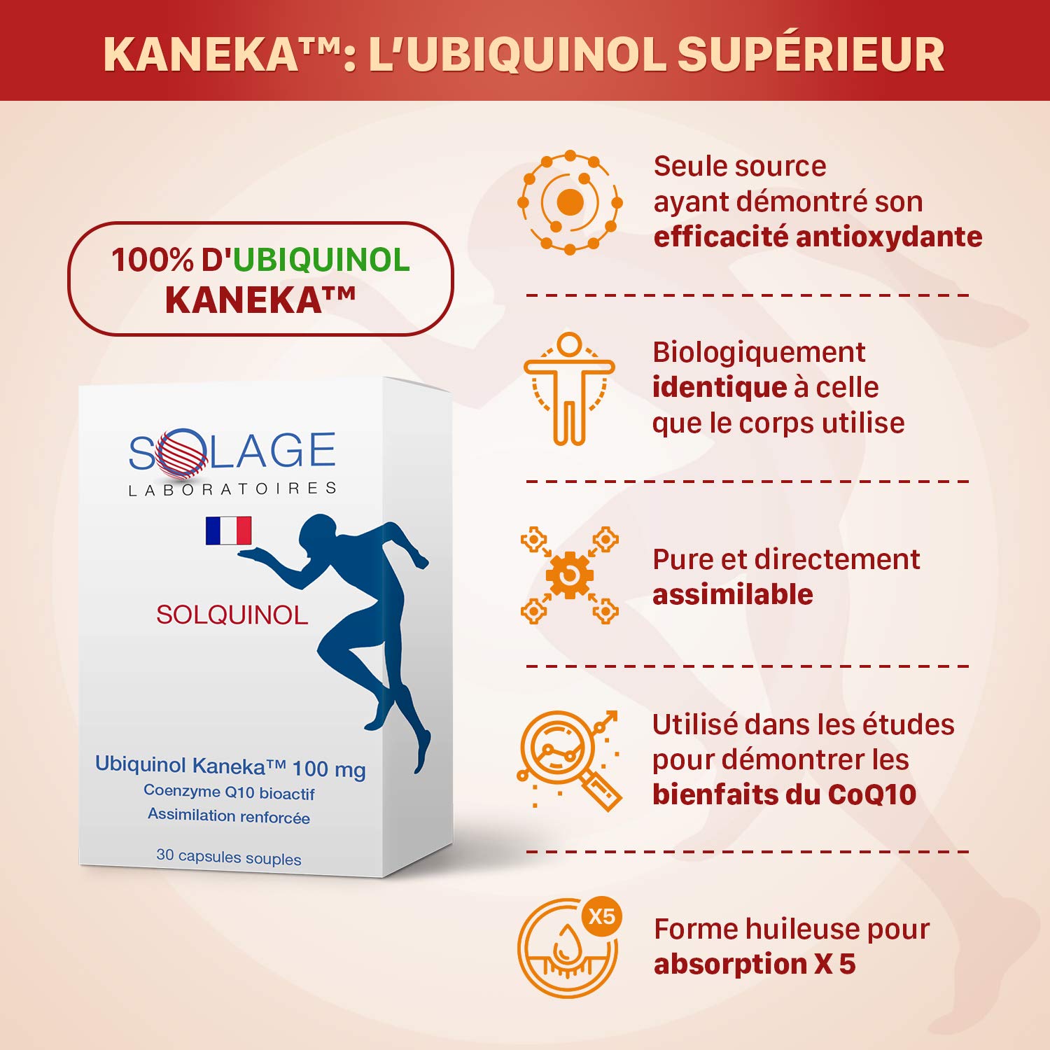 SOLQUINOL. COENZYME Q10 UBIQUINOL KANEKA Pure et Stable, La seule forme étudiée et démontrée - Antioxydant Radicaux Libres, Anti-âge, Anti-fatigue. 30 capsules de 100mg d’ubiquinol. Laboratoire SOLAGE
