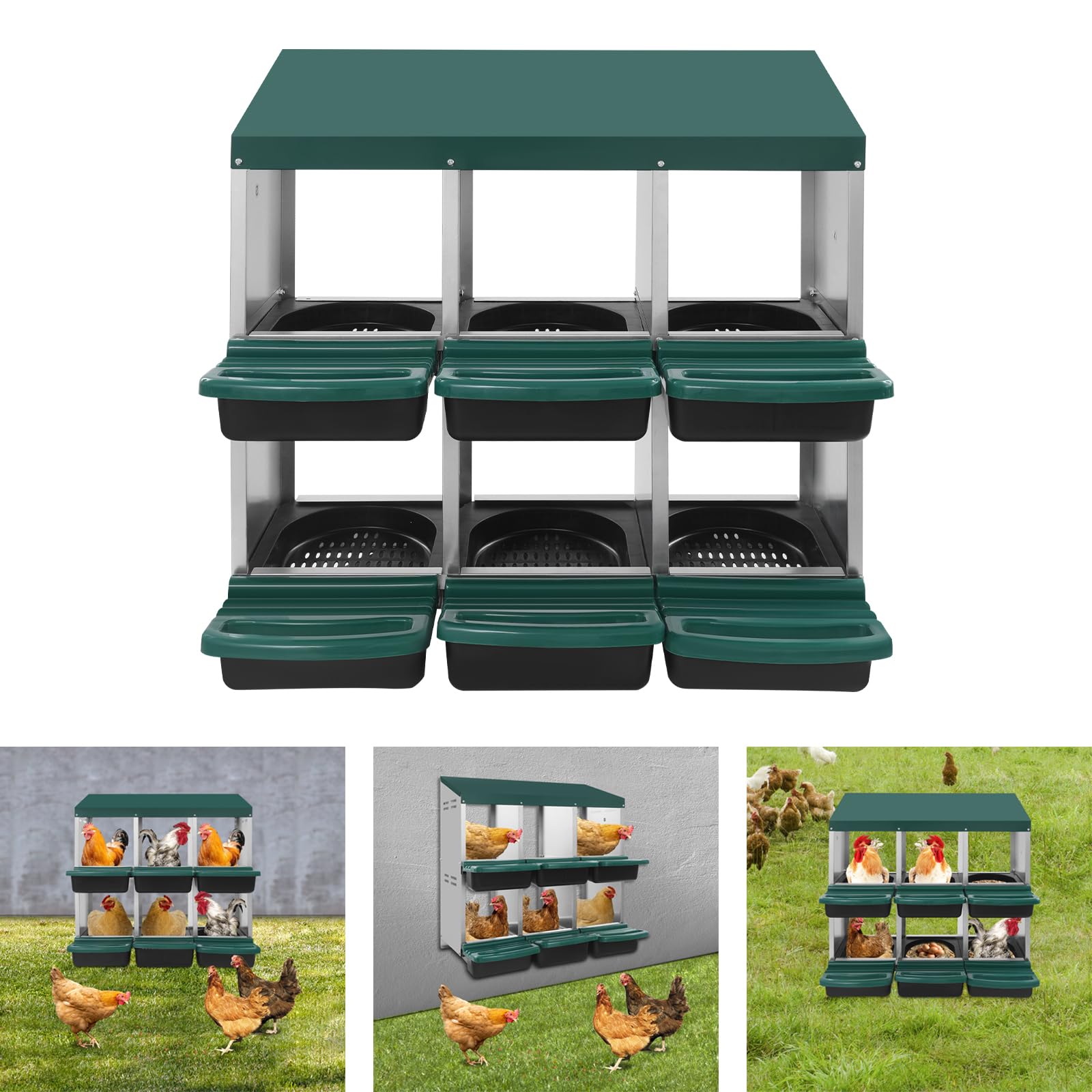 Nido di legenester per polli, 6 scomparti, con vaschetta di raccolta e griglia di ventilazione, nido di pollo, per montaggio a parete, robusto nido di pollo, 81 x 52 x 79 cm (verde)