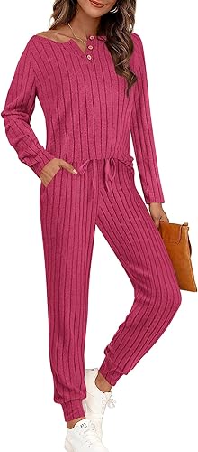 Onedreamer Conjunto deportivo de 2 piezas para mujer, conjunto de punto acanalado, manga larga, con botones, cuello en V, sin botones, conjunto de