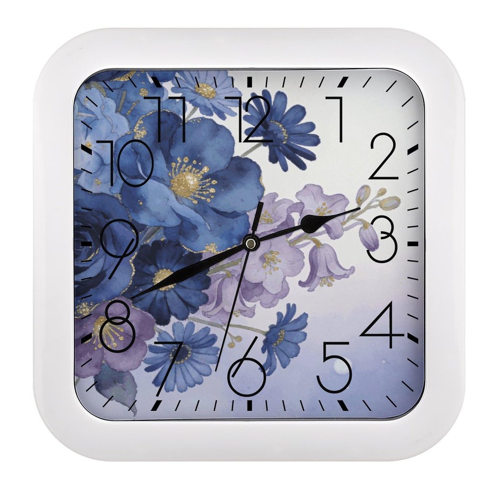 LZQPOEAS Navy Bloom Mix Square Wall Clock, 10.2 Inch Battery Operated Silent Non-Ticking Wall Clock, Square Analog Decorative Clock for Home Wall Art, Living Room, Bedroom, and Office