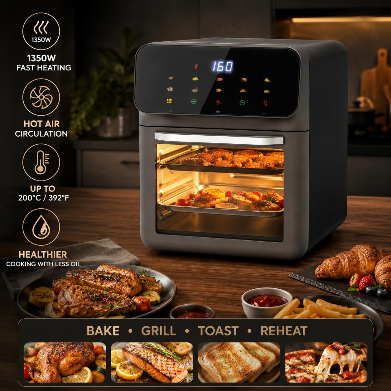 Piekarnik do pizzy 13 l, 1350 W, piekarnik elektryczny, piekarnik termoobiegowy, wielofunkcyjny piec z ekranem dotykowym LCD, rękawica i 2 blachy do pieczenia, timer 15-60 min i funkcja automatycznego