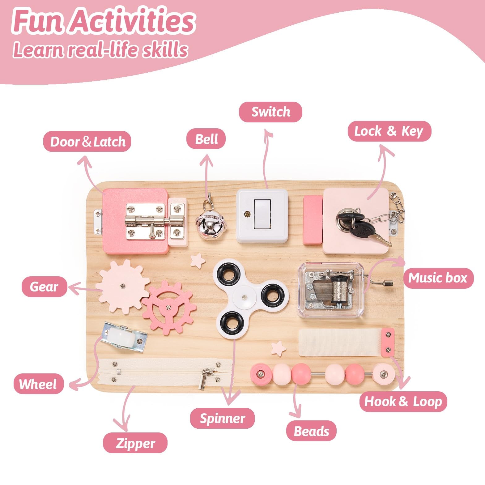 Potatomato Montessori Rosa Busy Board de Madera – Juguete sensorial y Educativo para niños – Actividades manuales, Juegos y Viaje – Regalo para niña o niño – Juguetes Montessori