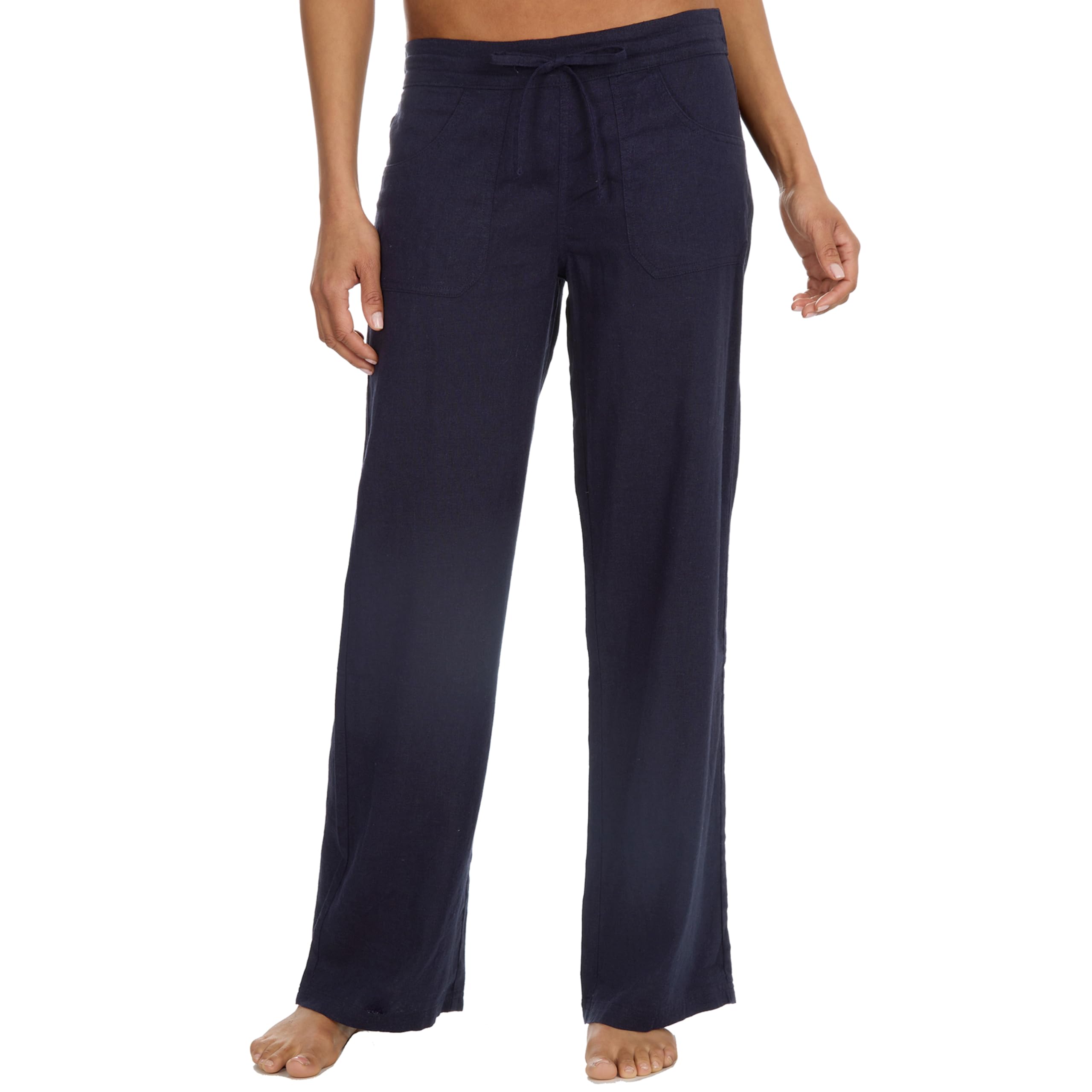 WS-SS24 Ladies Linen Viscose Blend Long Trousers Summer Longline PantsNavy 12