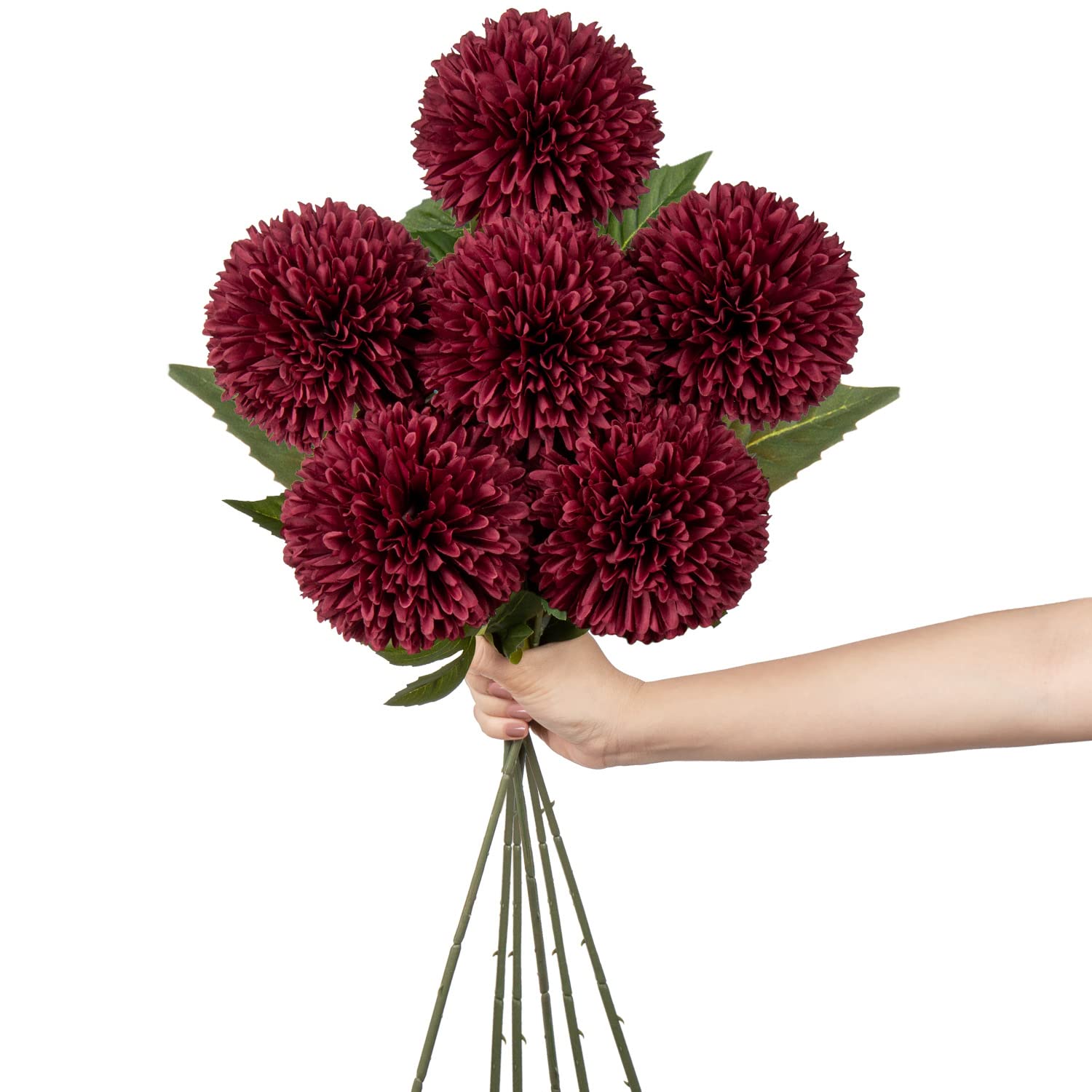Hollyone 4'' Large Artificial Chrysanthemum Flowers with 24.7'' Long Stem, 6 pcs Red Fake Silk Flowers Faux Ball Flower for Home Decor, Bridal, Wedding, Party, Garden, Floral Arrangement