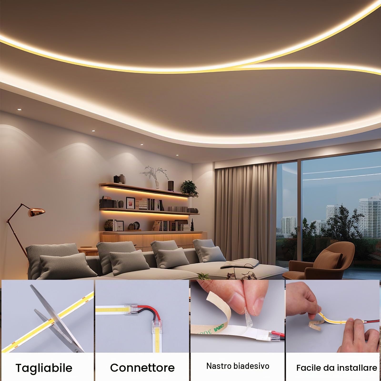 TOPAI Striscia LED COB 20 Metri Bianco Caldo, Strip LED 48V 3000K Alta Luminosità 15000Lm, CRI>93 480LED/M Potenza 160W, Flessibile Larghezza 8 mm Strisce LED Tagliabile Autoadesivo Per uso interno