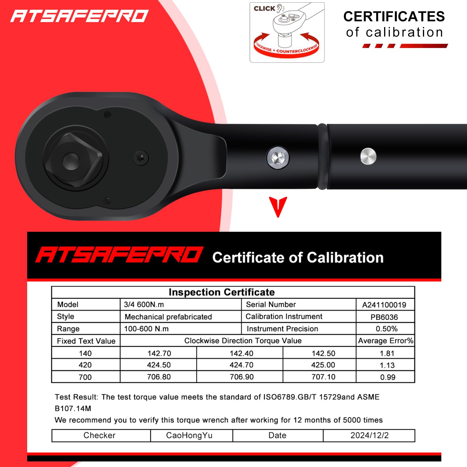 ATsafepro 3/4 -calowy klucz dynamometryczny, 100-600 Nm, ±3% wysoka dokładność, 48 -zębowy,do samochodów, ciężarówek, traktorów i konserwacji przemysłowej