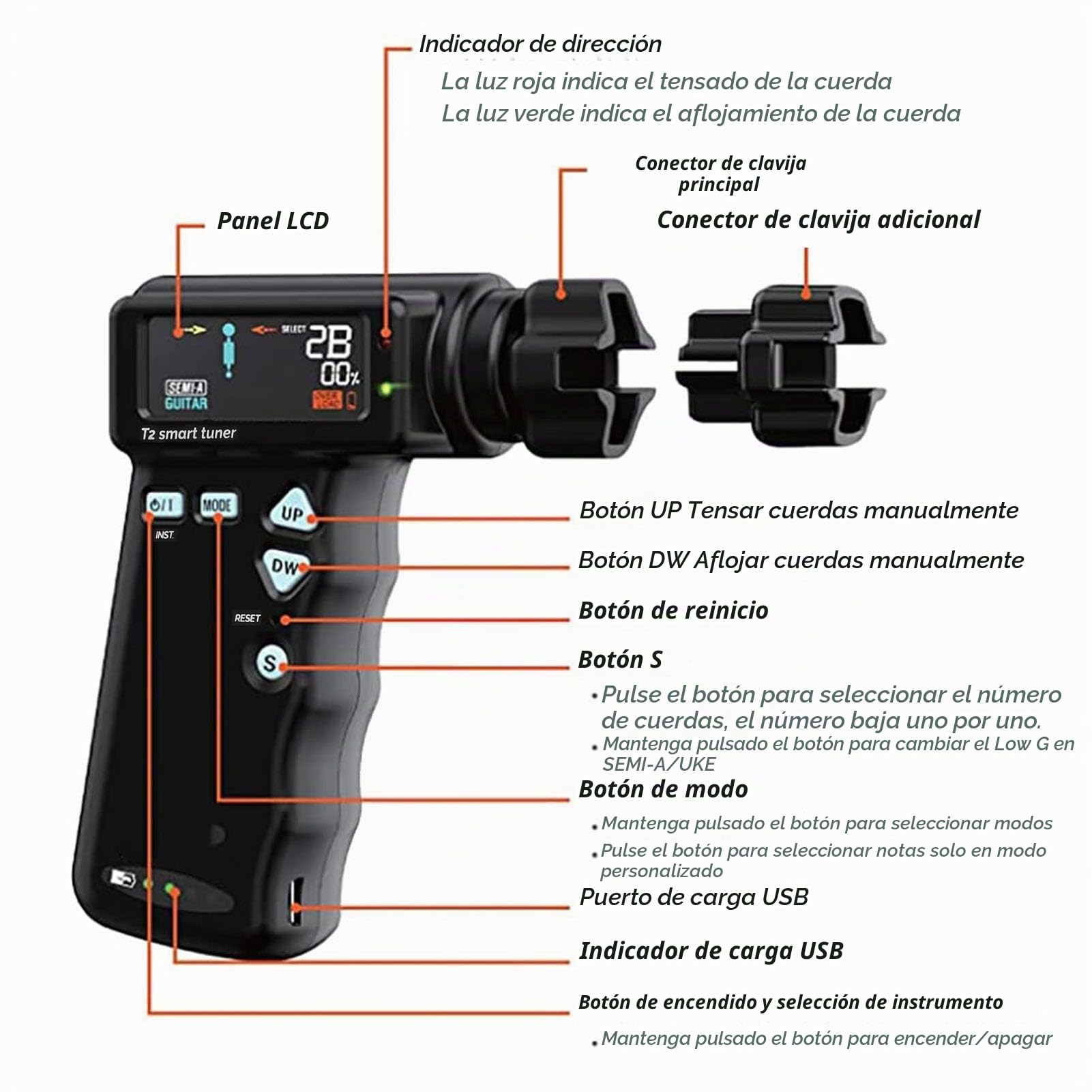 Afinador de Guitarra Inteligente, Sintonizador de Guitarra Automático ABS Multifuncional Portátil 2 en 1 para Guitarra Eléctrica