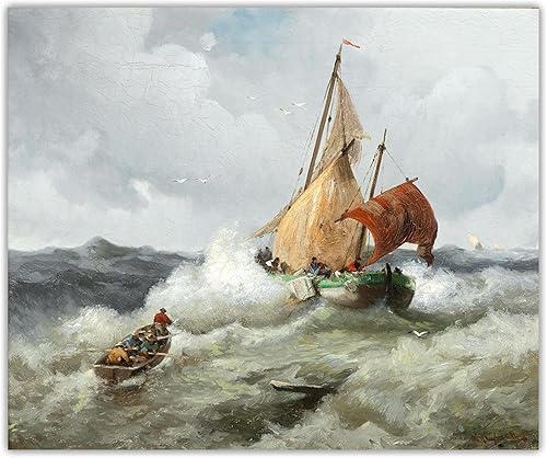Impresiones en lienzo Adolf Kaufmann- "Pescador en un mar tormentoso" Lienzo Arte de la pared Sala de estar Imagen de decoración del hogar 7.9x9.8