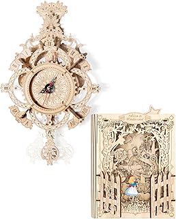 3D Wooden Puzzle Clock Kit & Alice in Wonderland Book Nook Kits Bundle - Ideal Gifts for All Ages with DIY & Night Light Features