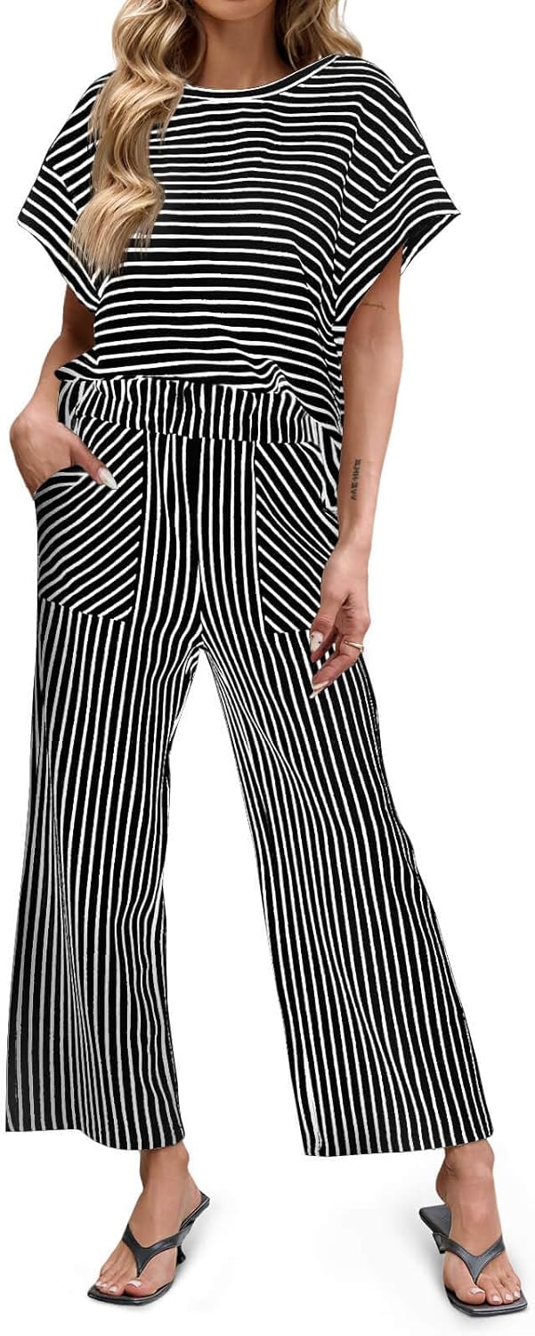 Tankaneo Womens Striped 2 Piece Sets Short Sleeve T Shirts Wide Leg Pants Matching Lounge Set with Pockets