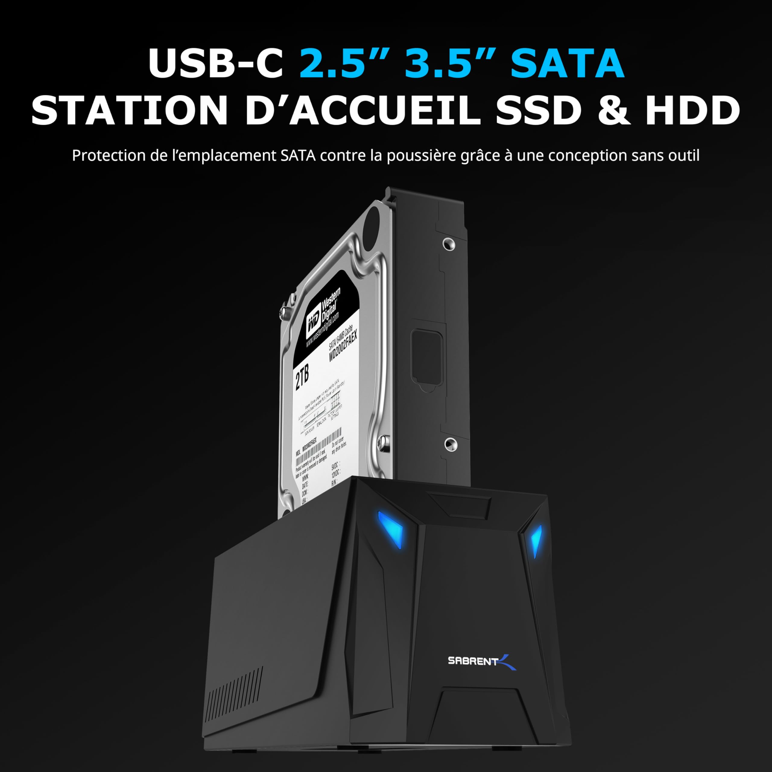 SABRENT Boitier Disque Dur 3.5, Ultra-Rapide 10Gbps Adaptateur SATA to USB 2,5"/3,5", Boitier Disque Dur 2.5 SSD/HDD vers USB-C 3.2, Dock Échangeable à Chaud, Supporte Les Disques 20 to (DS-UC1B)
