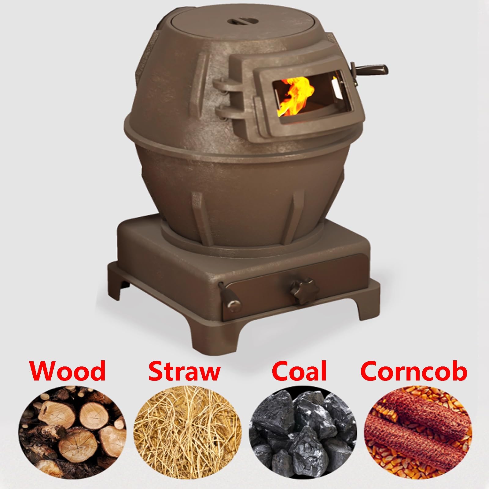 Stufa Multicombustibile Per Casa Per Riscaldare E Cucinare Con Coperchio Sigillato, Vetro Di Controllo & Cassetto Delle Ceneri, 2 Dimensioni Disponibili(300cm chimney,23 * 23 * 40cm)