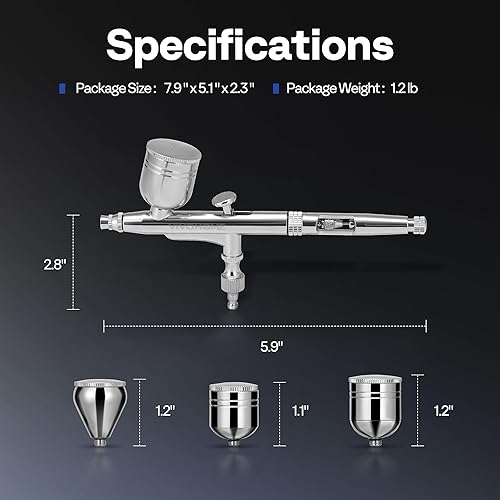 Miniatura 7 de VIVOHOME Pistola de aerógrafo con 3 boquillas (0.008 in, 0.014 in, 0.020 in) y 3 tazas (5 cc, 7 cc, 9 cc), pistolas de cepillo de aire para pintar