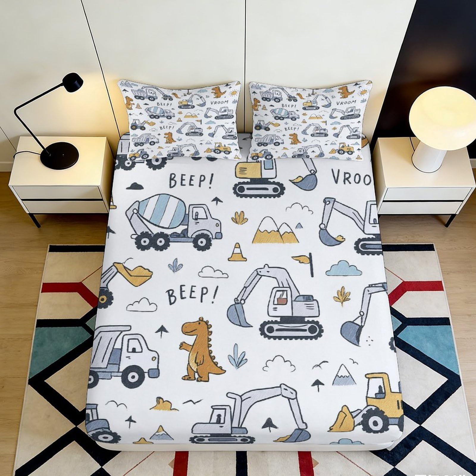 3D Printed Construction Vehicles Fitted Sheet Microfiber Soft Breathable Excavator Bed Cover for Bedroom Dorm Decor 90x200x25cm