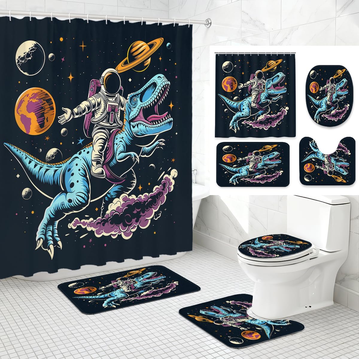4 Piece Funny Cat Shower Curtain Set with Non-Slip Rugs, Toilet Lid Cover, Bath Mat Riding T-Rex Pizza Laser Galaxy Bathroom Decor with 12 Hooks, 72 x 72 Inch