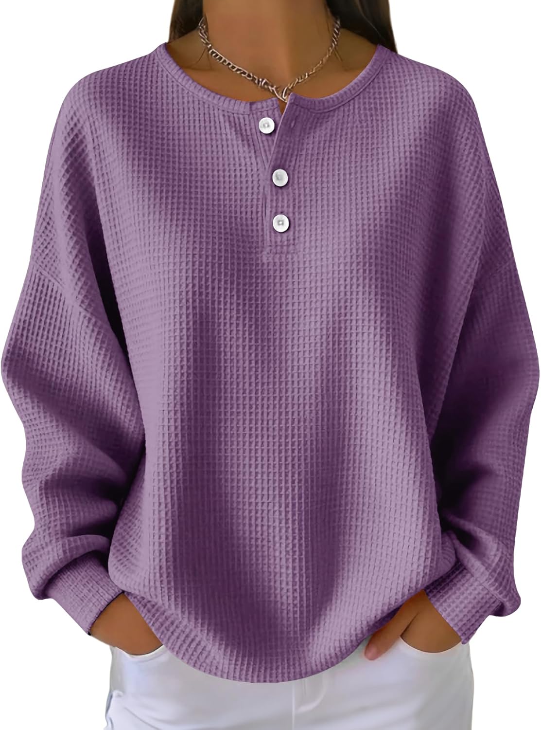 Women's Waffle Knit Sweater V-Neck Long Sleeve Pullover Loose Fit Casual Top with Button Detail