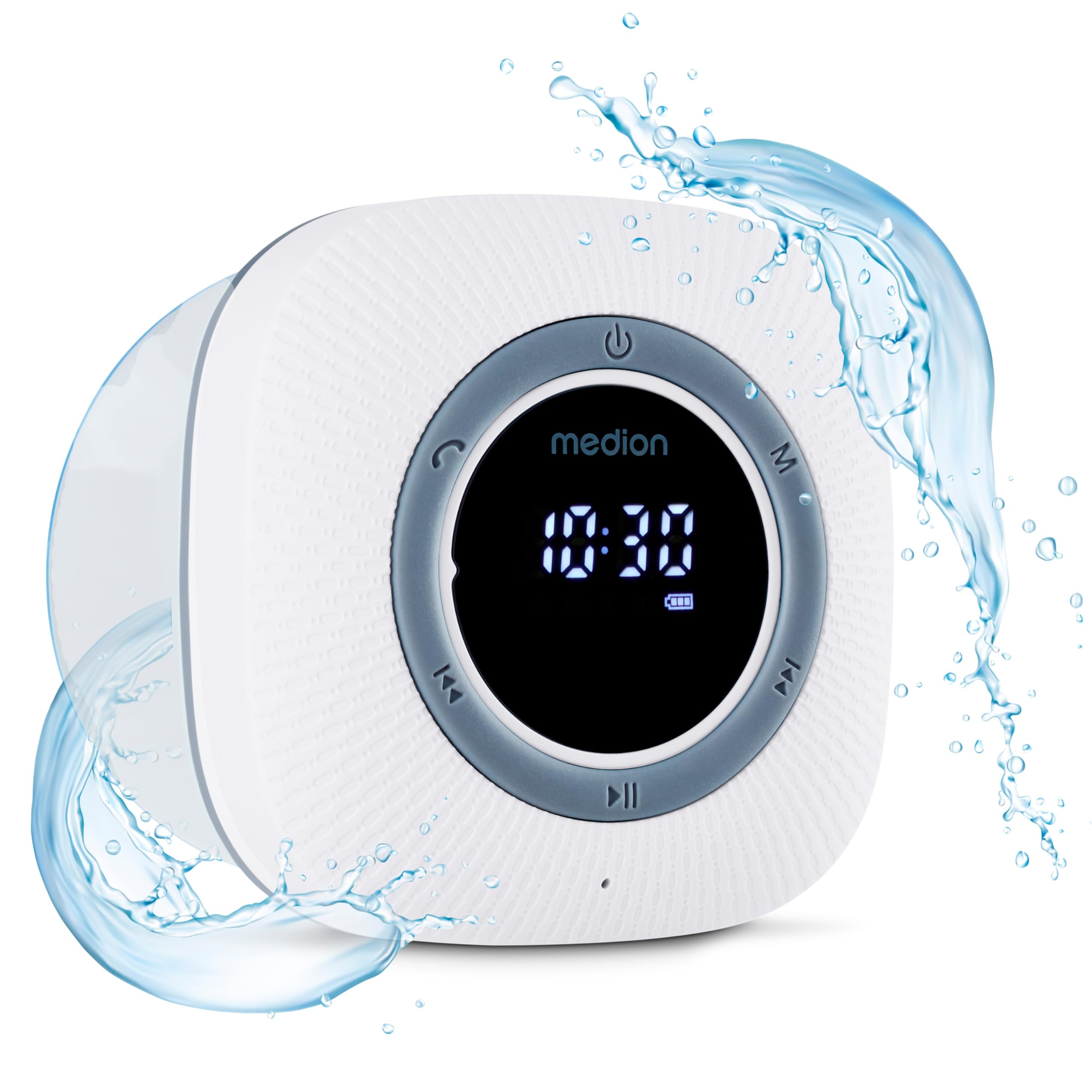 MEDION S66884 Duschradio mit Bluetooth (Badradio, UKW Radio, Saugnapf, LED-Display, IPX6 Wasserdicht, integrierter Akku, MD43884) weiß