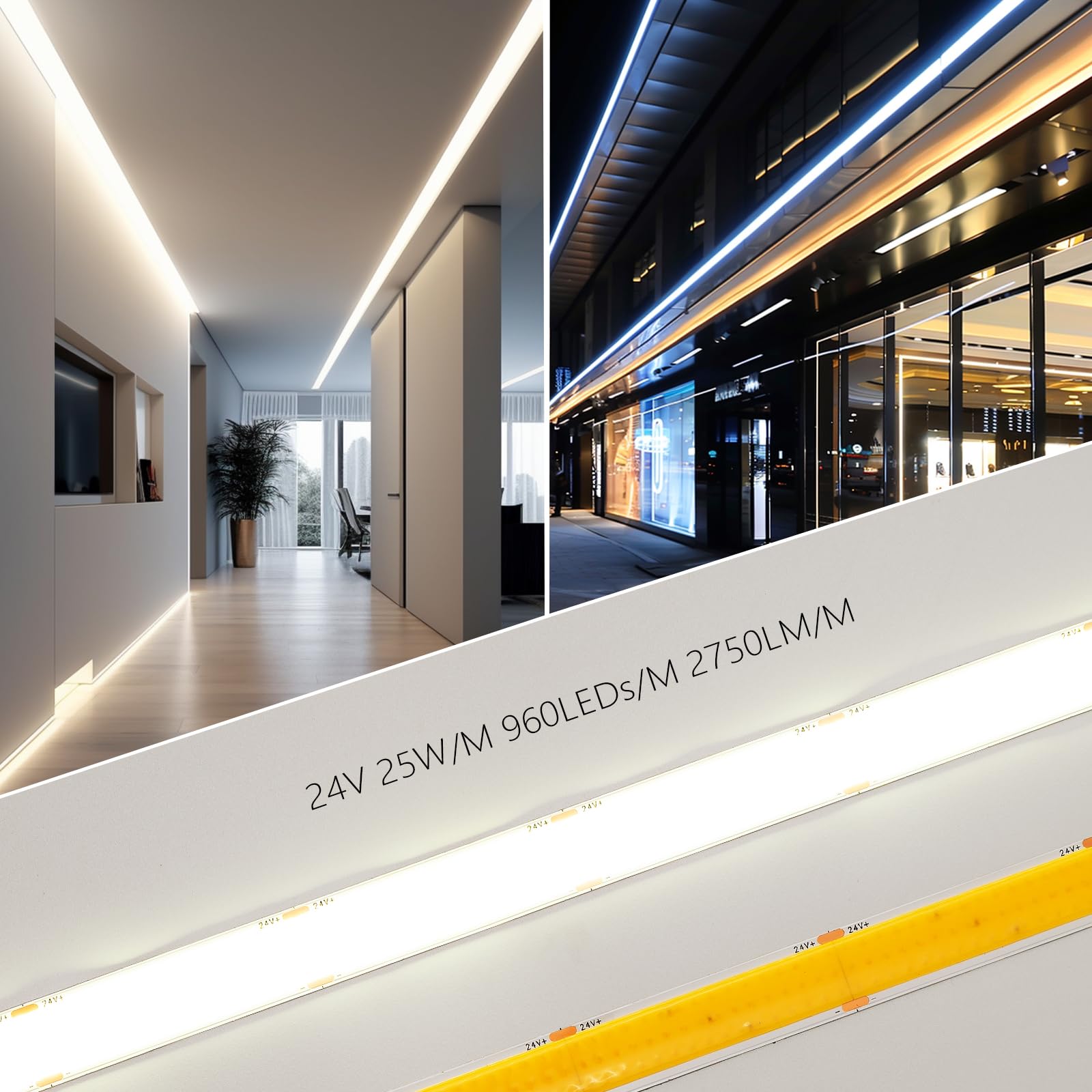 BENLUN 15mm Larghezza Striscia LED COB Alta Luminosità 24V 250W 10 Metri | 4000K Bianco Naturale Luci LED da Interno 25W/m 2750lm/m 960LEDs/m con Alimentazione per Camera da letto, Cucina, 5 Metri X 2
