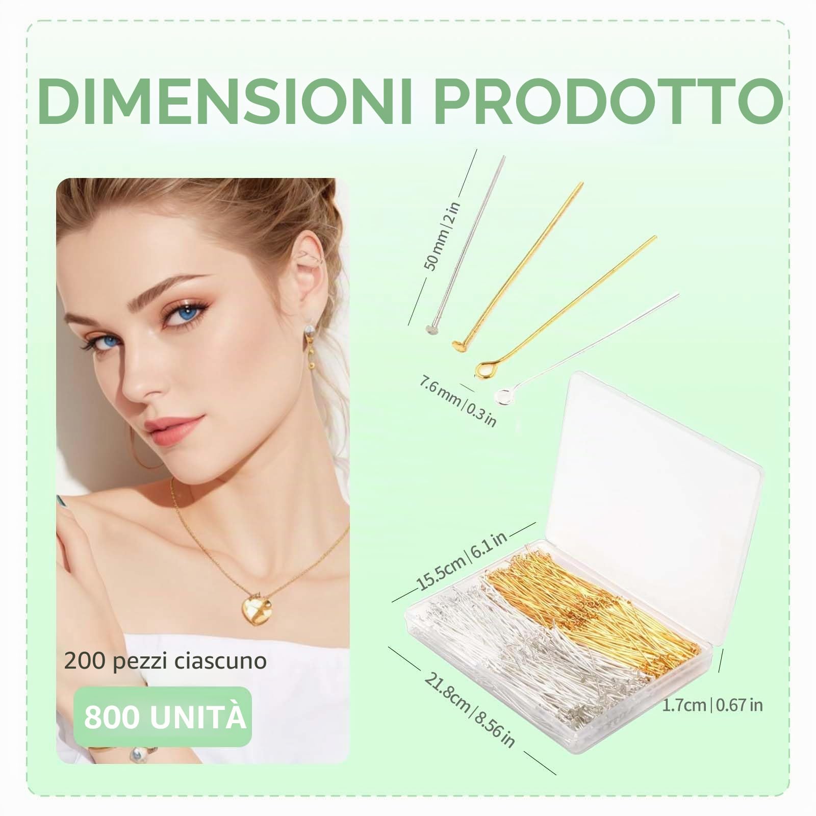 Spilli per la creazione di gioielli, 800 pezzi, argento e oro, 2 stili (piatti e occhielli), 200 pezzi ciascuno, diametro 0,8 cm, lunghezza 5,1 cm, scatola facile da riporre per gioielli fai da te