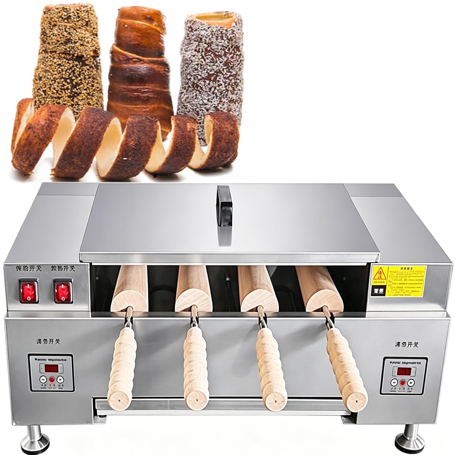 Azcabjie 3000W Commercial Chimney Cake Roll Oven, 4 Non-Stick Rollers Electric Chimney Bread Maker, Ice Cream Cone Grill Machine for Snack Shop Home Use Digitaldisplay