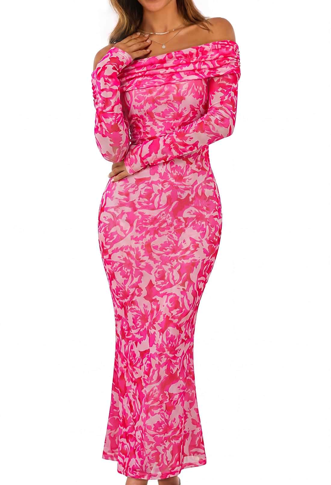 MEROKEETY Womens Fall Off Shoulder Floral Bodycon Wedding Guest Maxi Dress 2026 Long Sleeve, Formal Cocktail, Elegant Party Dinner Long Dress, Date Night, Bridal Shower, Floral Mesh, Prom Dresses