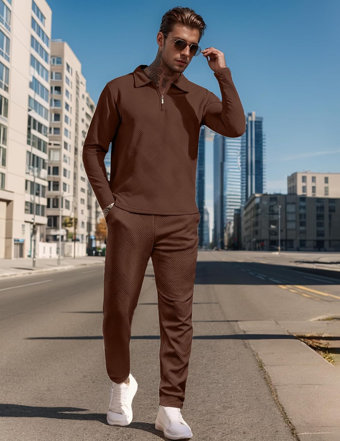 UOUA Mens 2 Piece Set Casual Outfits Polo Long Sleeve Shirt & Pants Tracksuit Loungewear Athletic Jogger Sweatsuit - Image 3