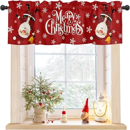 Cortinas rojas con cenefa de Feliz Navidad para ventanas de cocina, divertidas, para colgar con bolsillo para barra de Santa Claus, decoración de