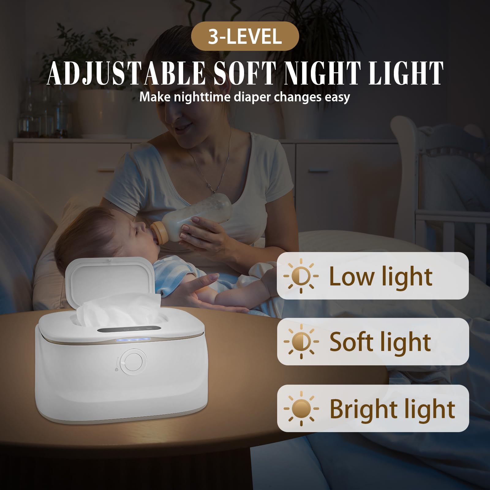 Chauffe-lingettes pour bébé, 3 températures et 3 veilleuses chaudes, chauffage rapide, chargement USB, chauffe-lingettes portables pour bébé dans la voiture, à la maison, dans la chambre de bébé