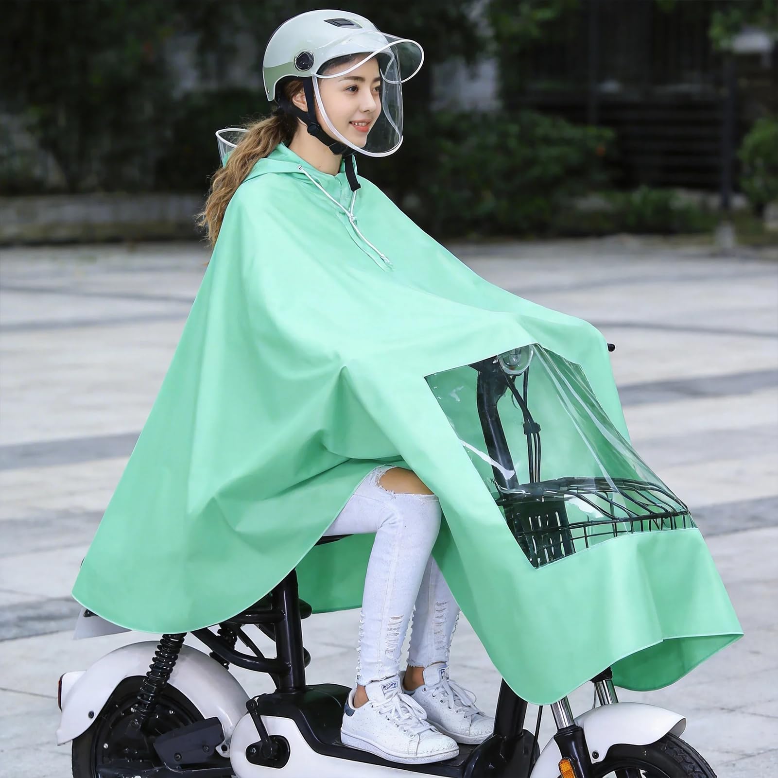 [Alaiyaky] レインポンチョ 自転車 バイク用 レインカッパ 雨がっぱ 透明窓 レインカバー 雨合羽 レインウェア 足元が見える レディース メンズ 自転車カッパ リュック対応 携帯に便利 コンパクト 梅雨 豪雨対策 防風防水 通勤通学 多色 - 4